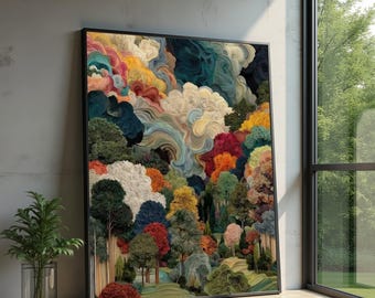 Abstract Swirl Forest Canvas, Colorful Trees Wall Art, Modern Nature Landscape, Vibrant Decorative Canvas, Forest Scene