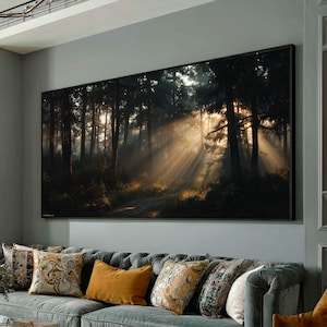 Betoverde boszonsopgang, zonnestralen door bomen canvas, mystieke bosrijke muurkunst, natuurlandschap canvas, decor atmosferisch bos