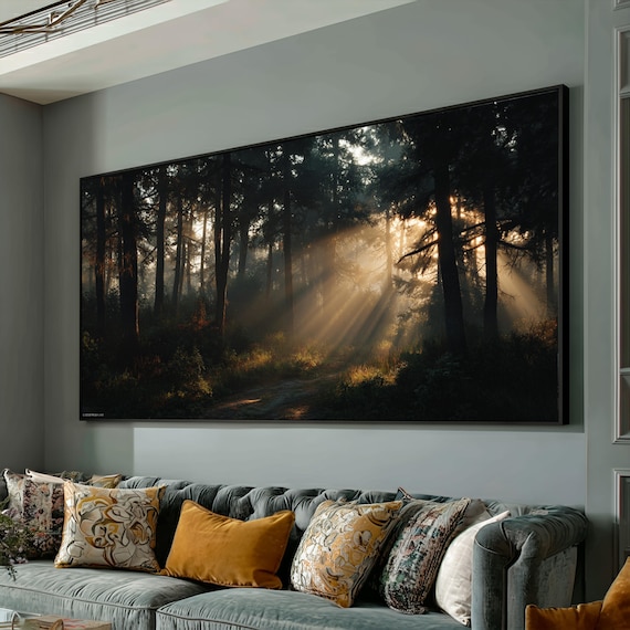 Enchanted Forest Sunrise, Sunrays Through Trees Canvas, Mystical Woodland Wall Art, Nature Landscape Canvas, Atmospheric Forest Decor