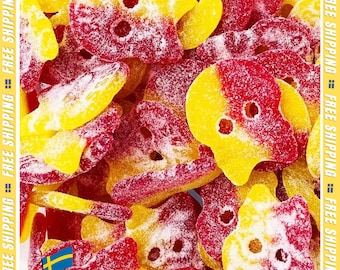 Bubs Sour Skulls: Swedish Chewy Candy - Raspberry Lemon, Scandinavian Vegan Gluten-Free Halal Treats