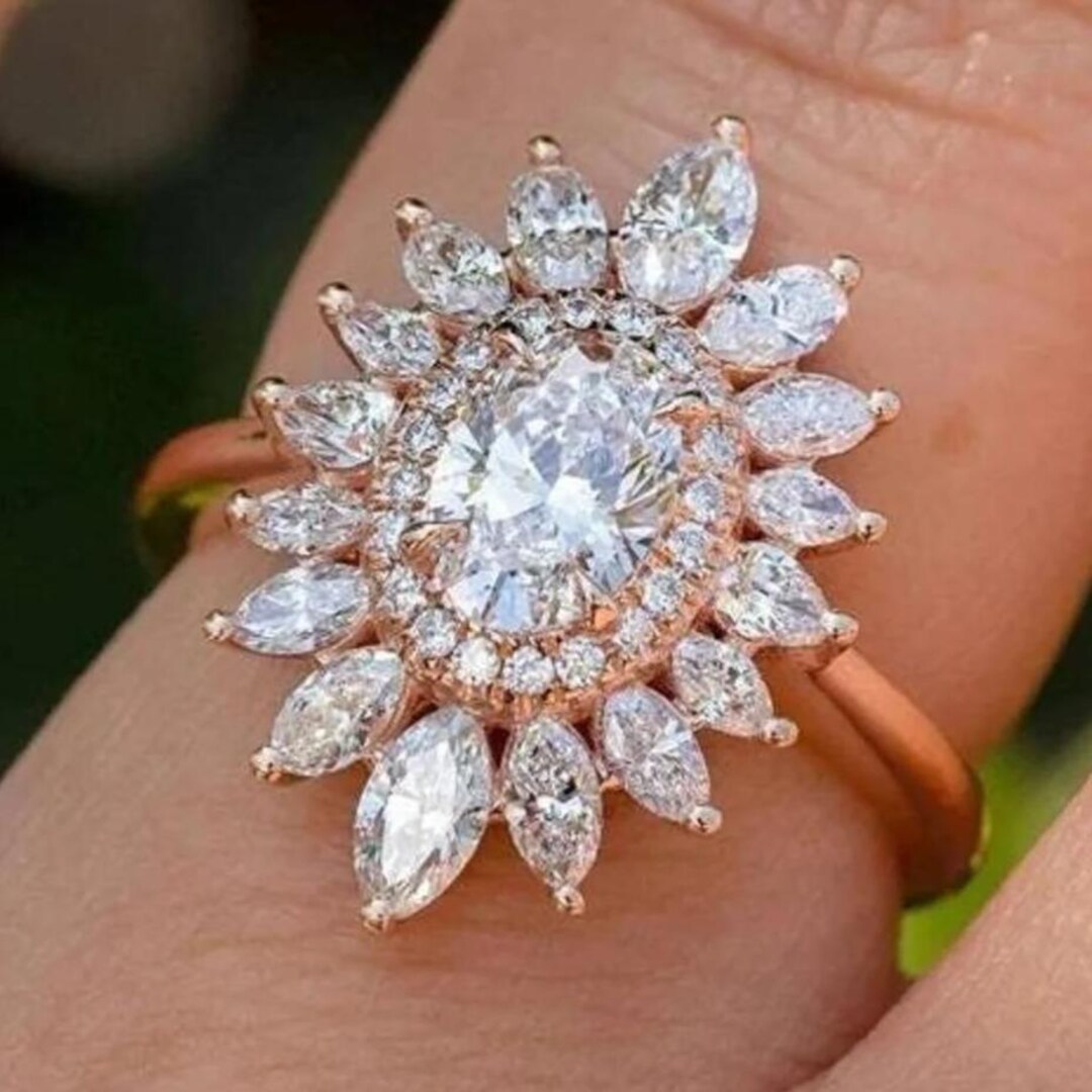 2CT Oval Cut Moissanite Engagement Ring 14K Solid Gold Halo Wedding ...