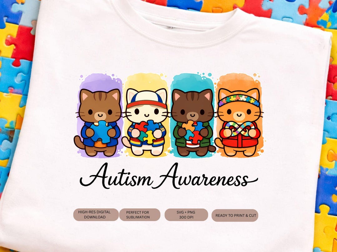 Autism Awareness Cat PNG – Cute Puzzle Piece Cats Shirt Design ...