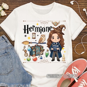 May include: White t-shirt featuring a cartoon illustration of Hermione Granger with the name "Hermione" in black gothic font. The design includes an owl, a broom, and other magical elements. The shirt is paired with denim shorts and coral shoes.
