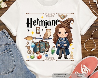 May include: White t-shirt featuring a cartoon illustration of Hermione Granger with the name "Hermione" in black gothic font. The design includes an owl, a broom, and other magical elements. The shirt is paired with denim shorts and coral shoes.