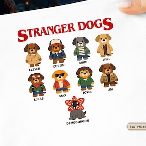 Stranger Dogs PNG SVG, Funny Dog Character Digital Download for Sublimation, 80s TV Show Inspired Clipart, Retro Dog Shirt Design for Cricut