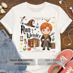 May include: White t-shirt featuring a cartoon illustration of Ron Weasley with a wand, a Hogwarts hat, and other magical elements. The text "Ron Weasley" is displayed in a stylized font. The shirt also includes the text "HIGH-RES DIGITAL DOWNLOAD" and "SVG + PNG 300 DPI".