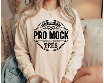 Ivory Comfort Colors C6014 Long Sleeve Shirt Mockup | Real Model (JPG File)