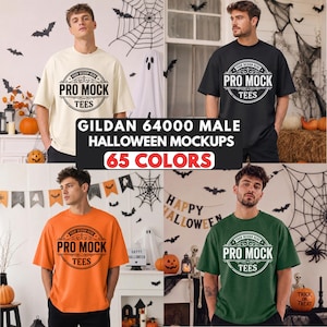 May include: A collection of four short-sleeve t-shirts in cream, black, orange, and dark green, each featuring a circular graphic with the text PRO MOCK TEES. The shirts are displayed in a grid layout with Halloween-themed decorations in the background.