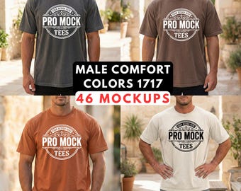 May include: Four different colored t-shirts are displayed. The shirts are gray, brown, orange, and off-white. Each shirt has a circular logo that says "PRO MOCK TEES". The text "MALE COMFORT COLORS 1717 46 MOCKUPS" is also visible.