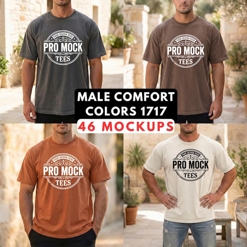May include: Four t-shirts in different colors: charcoal, brown, orange, and off-white. Each shirt has a round logo that says "PRO MOCK TEES". The text "MALE COMFORT COLORS 1717 46 MOCKUPS" is also visible.