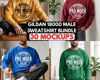 Gildan 18000 Crewneck Sweatshirt Mockup Bundle, 30 Colors, 4 Models (Digital Download)