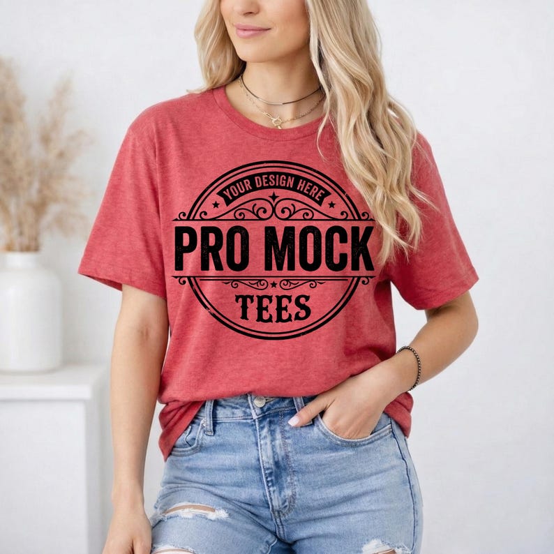 May include: A red t-shirt with the text "PRO MOCK TEES" in a black circular design. The shirt is short-sleeved and made of a soft material. The model is wearing blue jeans and has blonde hair.