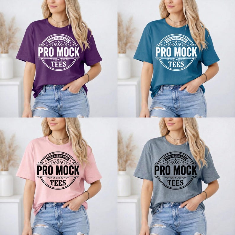 May include: Four t-shirts in different colors: purple, teal, pink, and gray. Each shirt has a round logo that says "PRO MOCK TEES" with the text "YOUR DESIGN HERE" above the logo. The shirts are worn with blue denim jeans.
