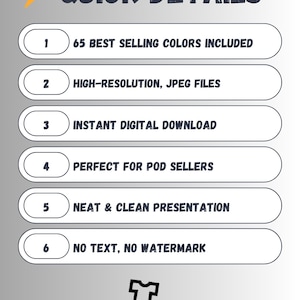 May include: Graphic with the text "QUICK DETAILS" and numbered points. The details include 65 best-selling colors, high-resolution JPEG files, instant digital download, neat presentation, and no text or watermark. The ProMock-Tees logo is at the bottom.