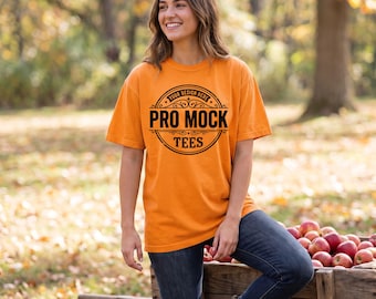 Bright Orange Comfort Colors 1717 T-Shirt Mockup | Cozy Fall Lifestyle Photo