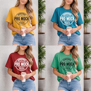 May include: Four t-shirts in different colors: yellow, teal, burgundy, and green. Each shirt has a round graphic with the text "YOUR DESIGN HERE" and "PRO MOCK TEES". The shirts are paired with denim shorts.