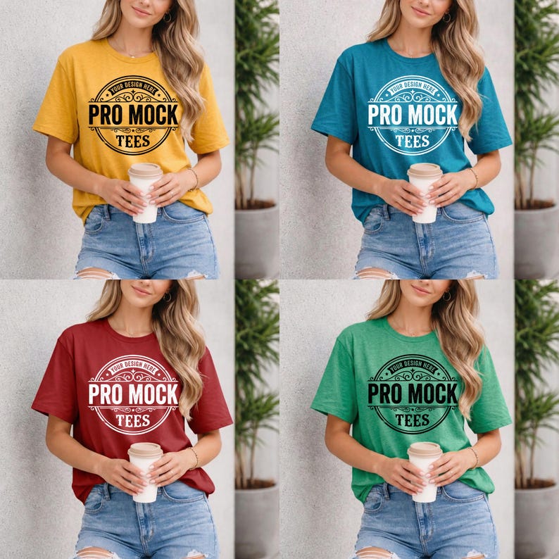 May include: Four t-shirts in different colors: yellow, teal, burgundy, and green. Each shirt has a round graphic with the text "YOUR DESIGN HERE" and "PRO MOCK TEES". The shirts are paired with denim shorts.