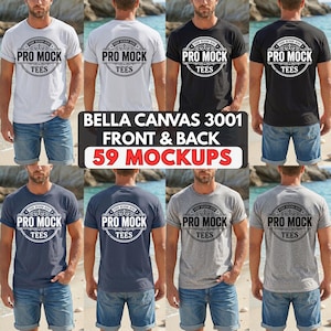 May include: A selection of t-shirt mockups in shades like white, black, navy, and grey. Each tee showcases a circular design with the words "PRO MOCK TEES". The image also includes the text "BELLA CANVAS 3001 FRONT & BACK 59 MOCKUPS".
