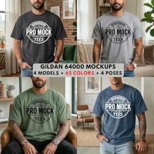 May include: Four t-shirts in different colors: charcoal, gray, olive green, and blue. Each shirt features a circular design with the text "PRO MOCK TEES" and "YOUR DESIGN HERE". The image also includes the text "GILDAN 64000 MOCKUPS, 4 MODELS, 65 COLORS, 4 POSES".