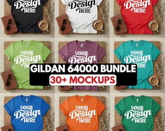 30+ Gildan 64000 T-Shirt Mockup Bundle | Unisex Tee Flat Lay Mockups | Real Product | Minimal Background PNG JPG