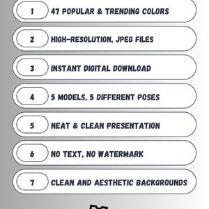 May include: Graphic with the text "QUICK DETAILS" and numbered points. Features include 47 colors, high-resolution JPEG files, instant digital download, 5 models in different poses, neat presentation, no watermark, and clean backgrounds. The ProMock-Tees logo is at the bottom.