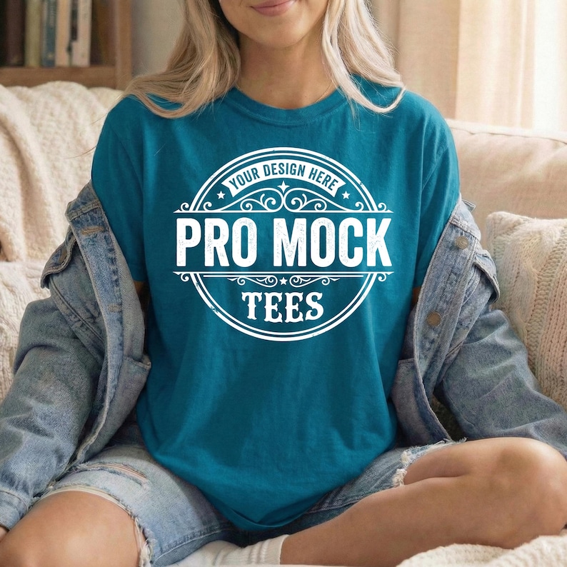 Peut inclure: T-shirt de couleur teal avec le texte "PRO MOCK TEES" dans un design circulaire blanc. Le t-shirt est de couleur unie et a un col rond. Les mots "YOUR DESIGN HERE" sont en haut du design.