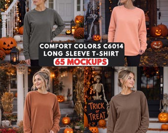 Comfort Colors C6014 Long Sleeve Mockup Bundle, Halloween Porch Scene, Fall Apparel Mockups