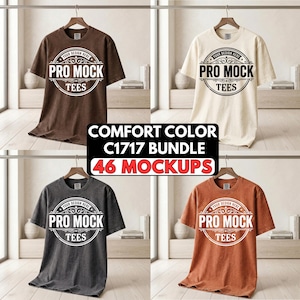 May include: Four t-shirts in various colours: brown, cream, charcoal grey, and rust orange. Each shirt features a circular logo with the text "PRO MOCK TEES". The image also includes the text "COMFORT COLOR C1717 BUNDLE 46 MOCKUPS".