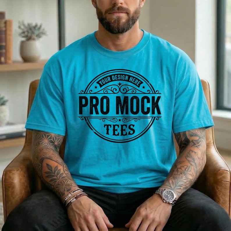 May include: A turquoise blue t-shirt with a crew neck. The shirt features a black circular design with the text "YOUR DESIGN HERE" at the top, and "PRO MOCK TEES" in the center. The person is wearing a watch and has tattoos on their arms.