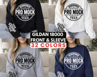 Gildan 18000 Crewneck Sweatshirt Mockups | Front & Sleeves | 32 Color Bundle for Print on Demand