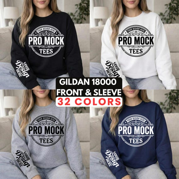 Gildan 18000 Crewneck Sweatshirt Mockups | Front & Sleeves | 32 Color Bundle for Print on Demand