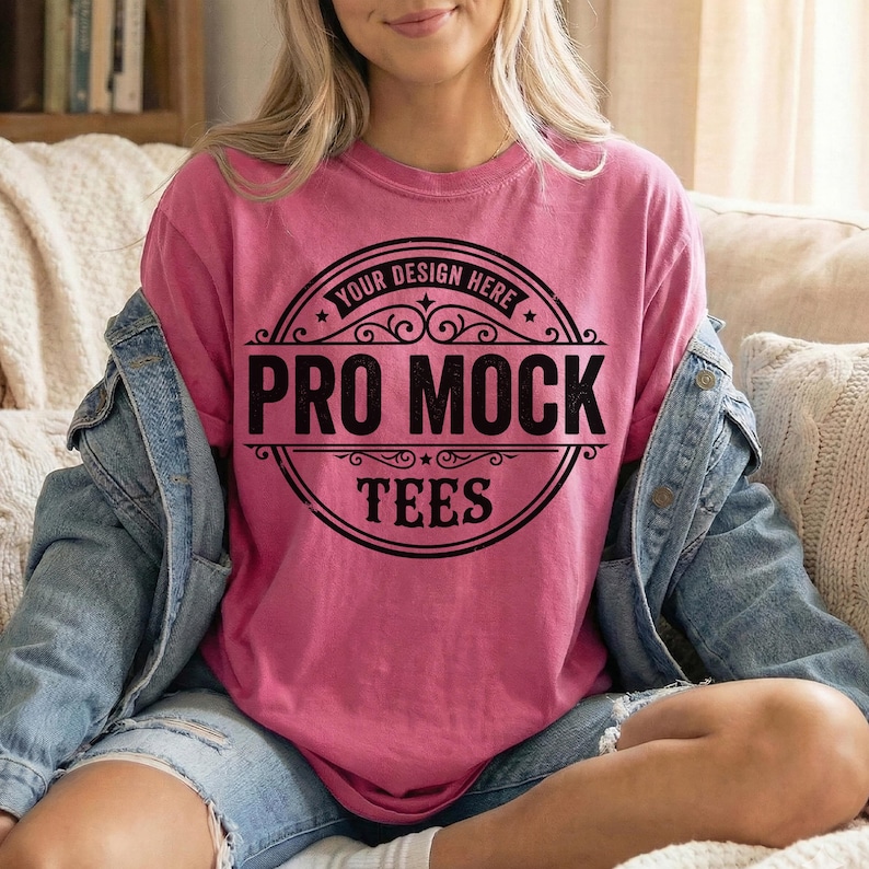 May include: A pink t-shirt with a black circular design that reads "YOUR DESIGN HERE PRO MOCK TEES". The shirt is a solid color and has a relaxed fit. The model is wearing a denim jacket.