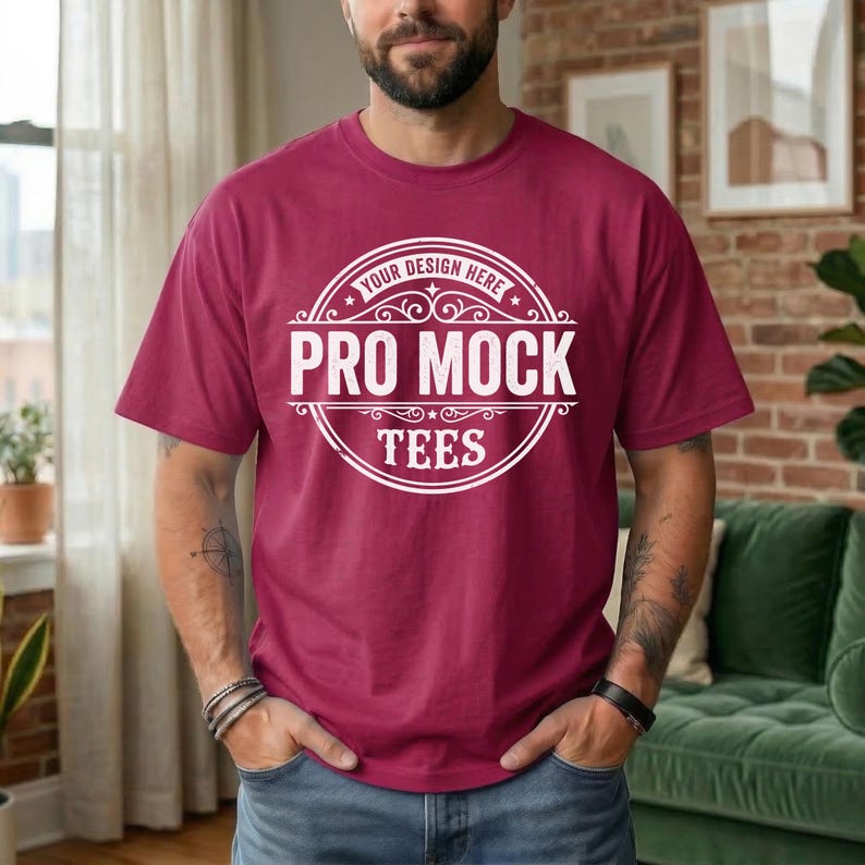 May include: A maroon t-shirt with the text "PRO MOCK TEES" in a white circular design. The shirt is short-sleeved and worn by a person. The text "YOUR DESIGN HERE" is above the main text. The person is wearing blue jeans.