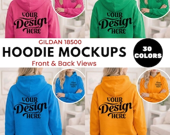 Maquetas de sudadera con capucha Gildan 18500 (30 colores, vista frontal y trasera) / Maqueta de sudadera con capucha unisex (PSD, Canva, POD, Etsy)