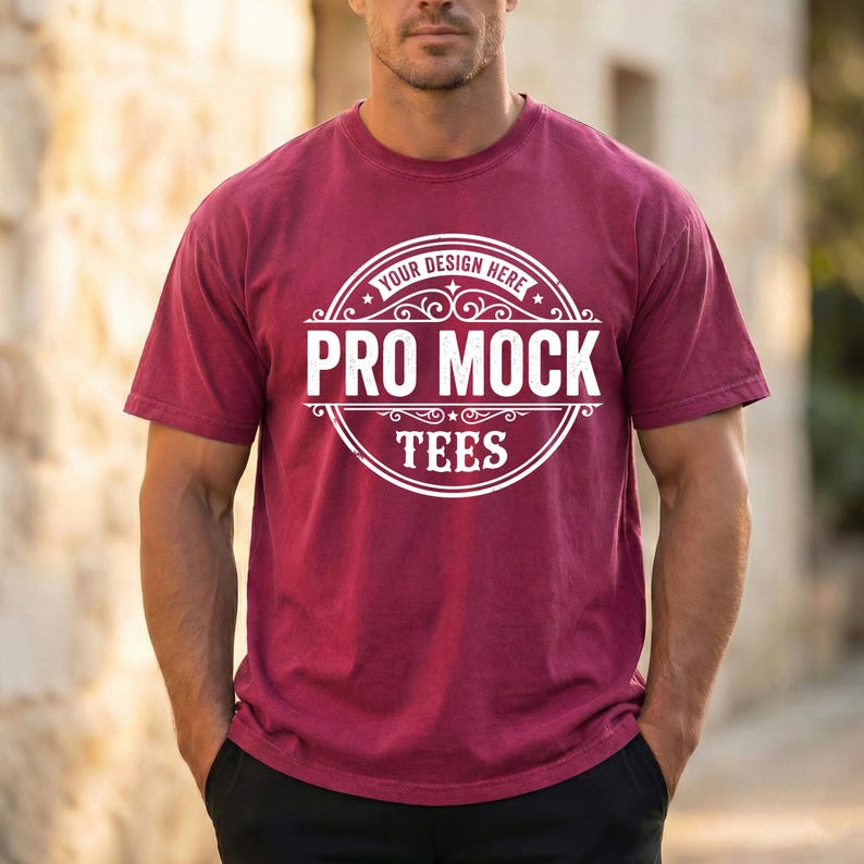 May include: A maroon t-shirt with a white circular graphic that reads "YOUR DESIGN HERE" at the top, and "PRO MOCK TEES" in the center. The shirt is short-sleeved and has a crew neck.
