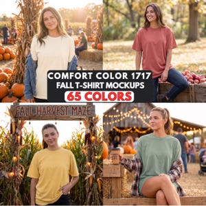 May include: A collection of four t-shirts in cream, terracotta, yellow, and sage green, displayed in a fall harvest setting. The image includes the text COMFORT COLOR 1717 FALL T-SHIRT MOCKUPS 65 COLORS, showcasing various short-sleeve crew neck shirts.