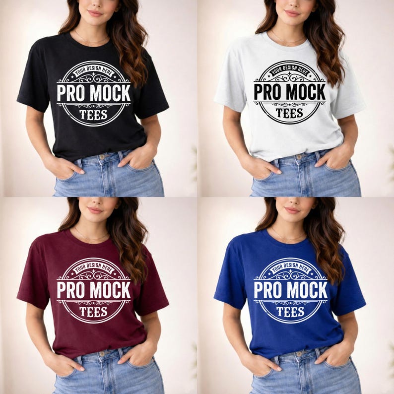 May include: Four t-shirts in black, white, burgundy, and blue. Each shirt features a circular design with the text "PRO MOCK TEES" and "YOUR DESIGN HERE" in a decorative frame. The shirts are short-sleeved and worn by a person.