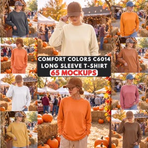 May include: A collection of long sleeve t-shirts in various solid colors, including orange, cream, gray, and brown, displayed in a grid of mockups. Each shirt features a crew neckline and long sleeves, paired with a baseball cap in a matching or neutral tone.