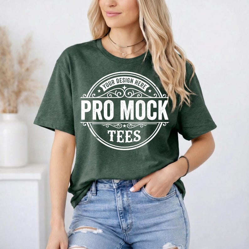 May include: A dark green t-shirt with the text "PRO MOCK TEES" in a white circular design. The shirt is worn by a person wearing blue jeans. The text "YOUR DESIGN HERE" is above the main text.