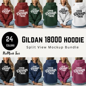 以下が含まれることがあります： さまざまな色のGildan 18000パーカーのスプリットビューモックアップバンドル。各パーカーには、スタイリッシュなフォントで「YOUR Design HERE」というテキストが表示されます。画像には、「24 COLORS」と「ProMock Tees」というテキストのグラフィックも含まれています。