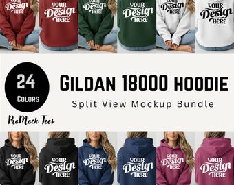 Zestaw makiet bluzy z kapturem Gildan 18000: widok z przodu i z tyłu (JPEG)! Pobierz natychmiast