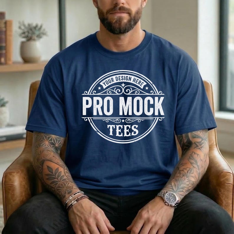 May include: Navy blue crew neck t-shirt with the text "PRO MOCK TEES" in a white circular design. The design includes the words "YOUR DESIGN HERE" at the top. The shirt is a solid color and has short sleeves.
