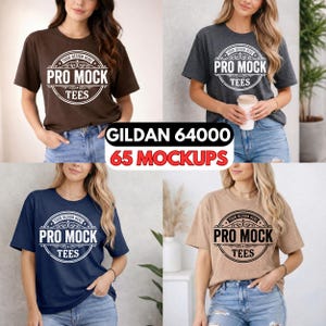 May include: A collection of four t-shirt mockups in various colors: brown, charcoal, navy blue, and tan. Each shirt features a circular design with the text "PRO MOCK TEES" and "YOUR DESIGN HERE". The text "GILDAN 64000 65 MOCKUPS" is also visible.
