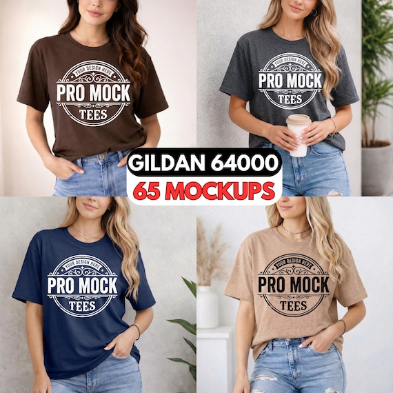 Gildan 64000 Soft Style T-Shirt Mockup | 65 Colors, 4 Models (Digital Download)
