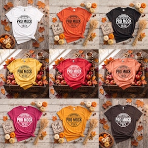 May include: A collection of nine short-sleeved t-shirts in various colors including white, orange, black, yellow, red, peach, pink, gold, and dark brown. Each shirt features a circular graphic with the text PRO MOCK TEES in the center.