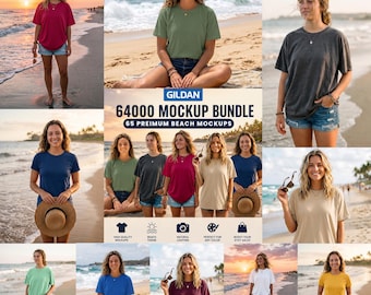 Gildan 64000 T-Shirt Mockup Bundle | 65 Beach Lifestyle Mockups (PNG/JPG)