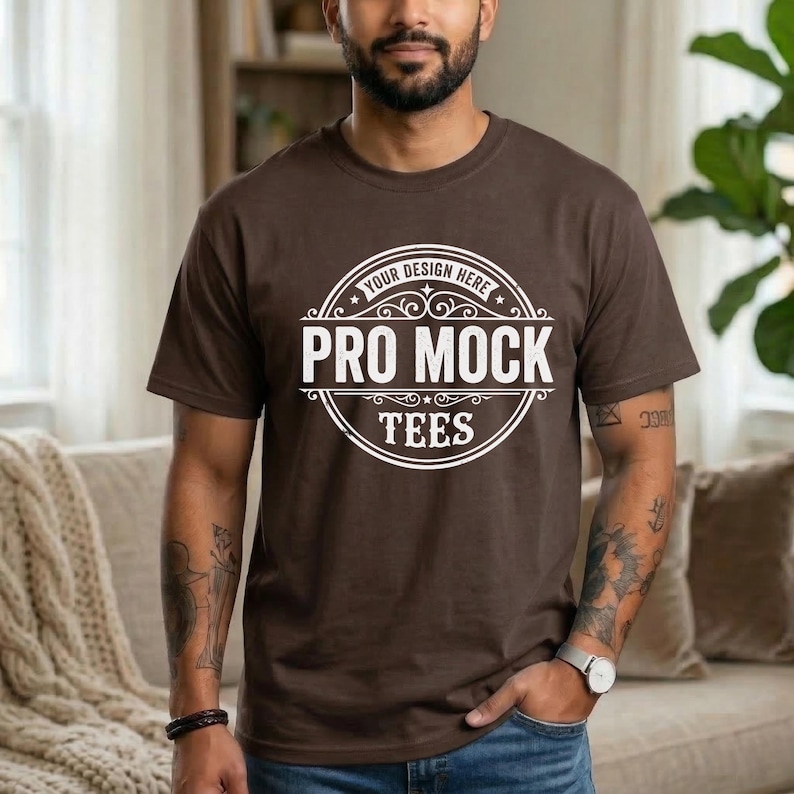 May include: A brown t-shirt with a white circular design that reads "YOUR DESIGN HERE" at the top, "PRO MOCK" in the center, and "TEES" at the bottom. The t-shirt is being worn.