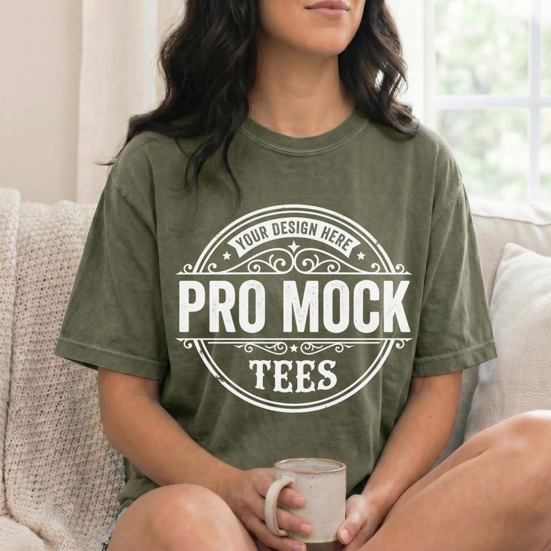 May include: Olive green t-shirt with the text "YOUR DESIGN HERE" and "PRO MOCK TEES" in a white circular design. The model is holding a beige mug. The shirt is a short-sleeved, casual style.