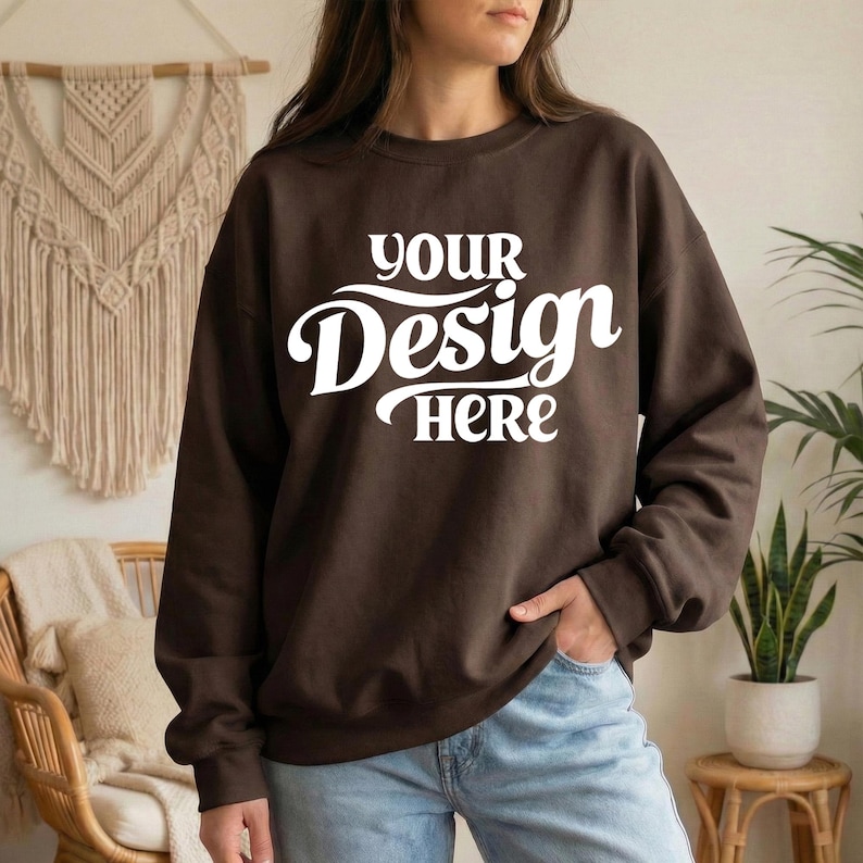 May include: A brown sweatshirt with the text "YOUR Design HERE" in white script. The sweatshirt is a solid color and has long sleeves. The model is wearing blue jeans.
