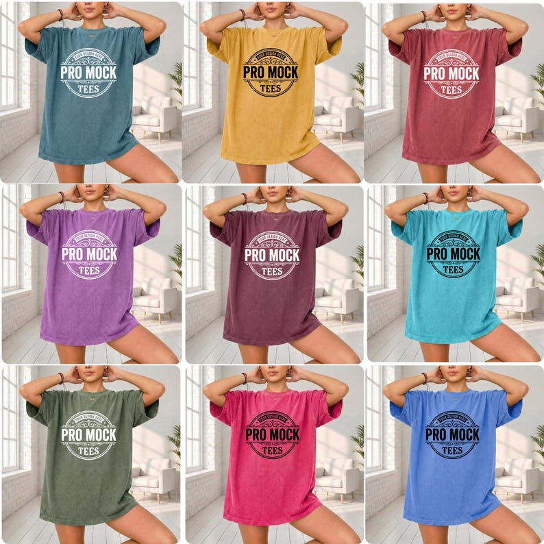 May include: A collection of nine oversized t-shirts in various colors, including teal, yellow, red, purple, burgundy, turquoise, olive green, pink, and blue. Each shirt features the text "PRO MOCK TEES" in a circular design.